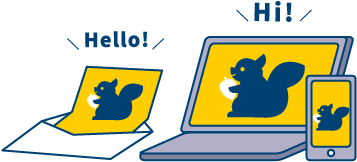 手紙、パソコン、スマホに表示されたリスのイラスト